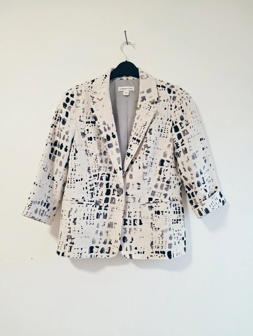 Coldwater Creek Linen Blend Abstract Print Blazer Jacket Size 4-6 Neutral Artsy